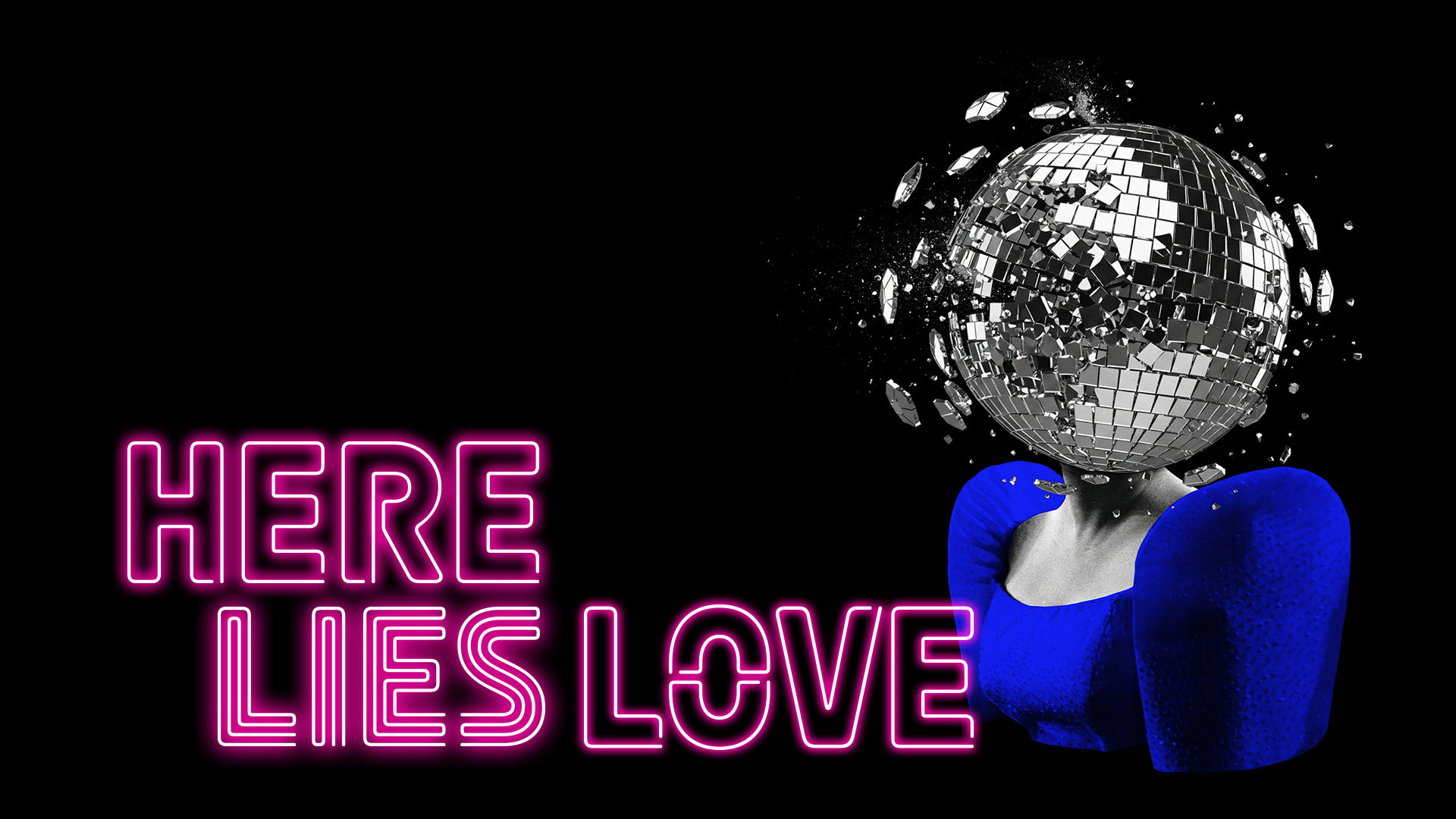 Here Lies Love, image of women with a shattering disco ball as a head. 